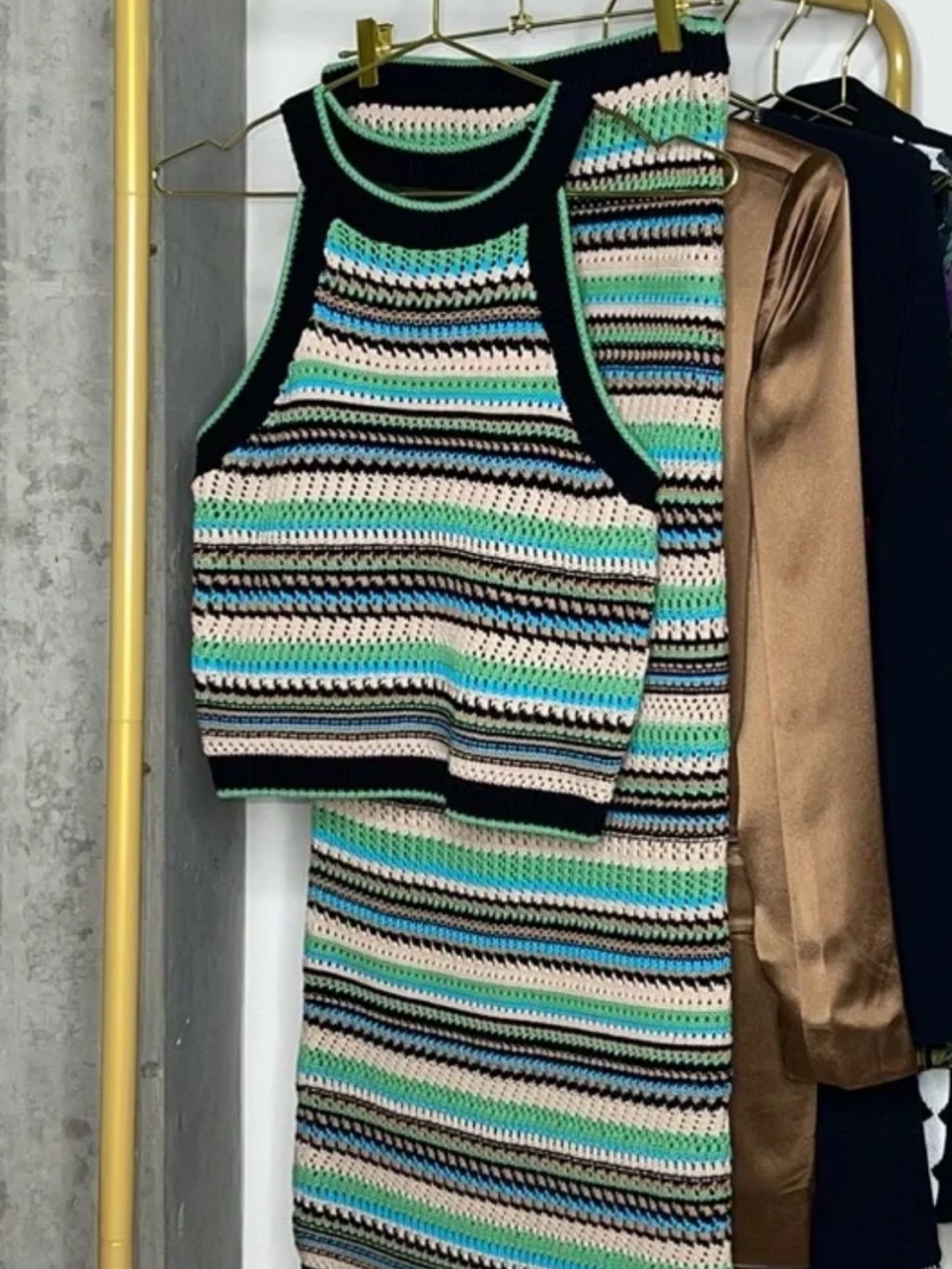 Like NewRachel Zoe Striped Crochet Knit Skirt Set in Black, Cream, Greenand Blue